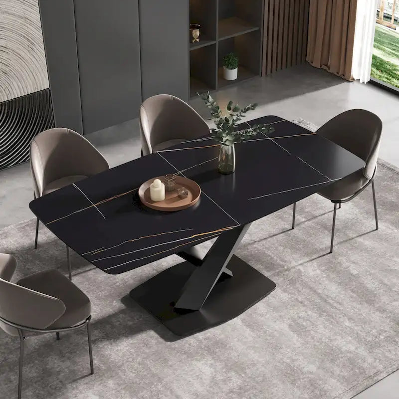 71 Modern Dining Table with Slate Stone Top and Metal Legs, Marble Dining Table