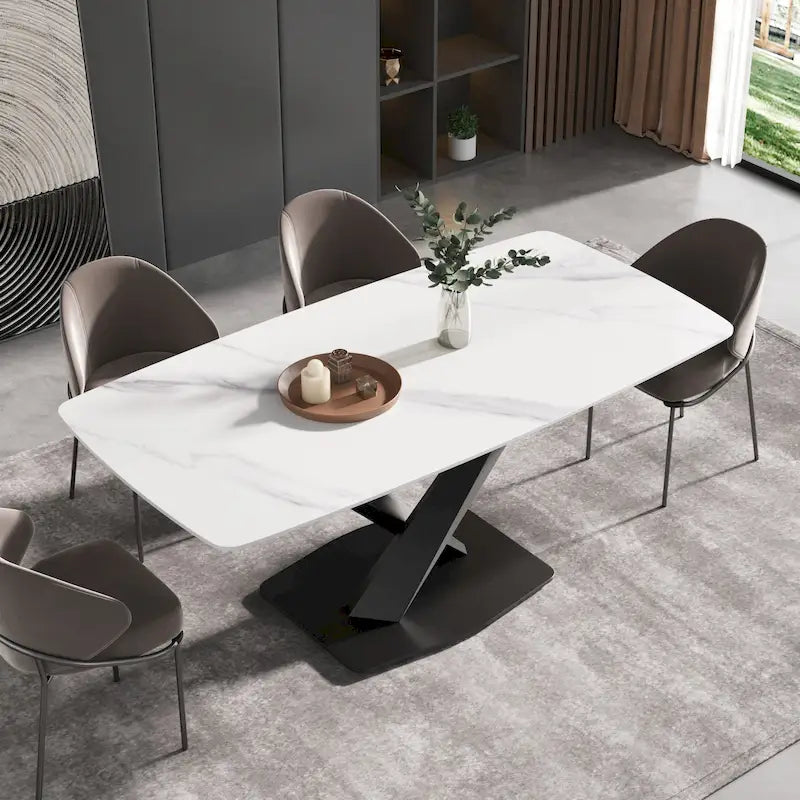 71 Modern Dining Table with Slate Stone Top and Metal Legs, Marble Dining Table