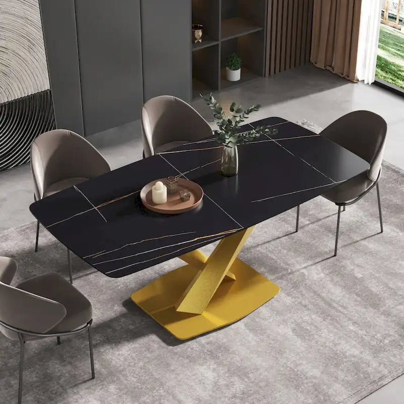 71 Modern Dining Table with Slate Stone Top and Metal Legs, Marble Dining Table