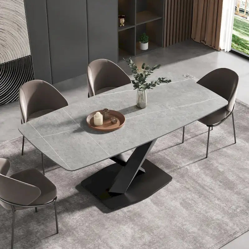 71 Inch Modern Dining Table Sintered Stone Top X-Base Carbon Steel Black Grey White Gold
