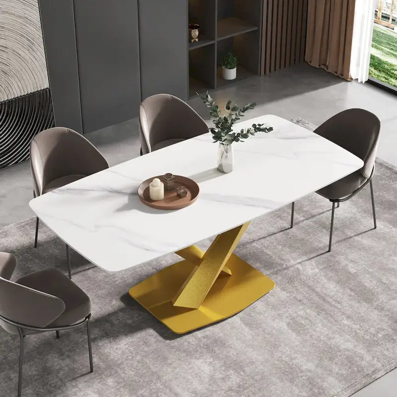71 Inch Modern Dining Table Sintered Stone Top X-Base Carbon Steel Black Grey White Gold