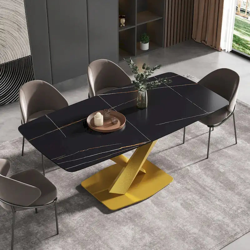 71 Inch Modern Dining Table Sintered Stone Top X-Base Carbon Steel Black Grey White Gold