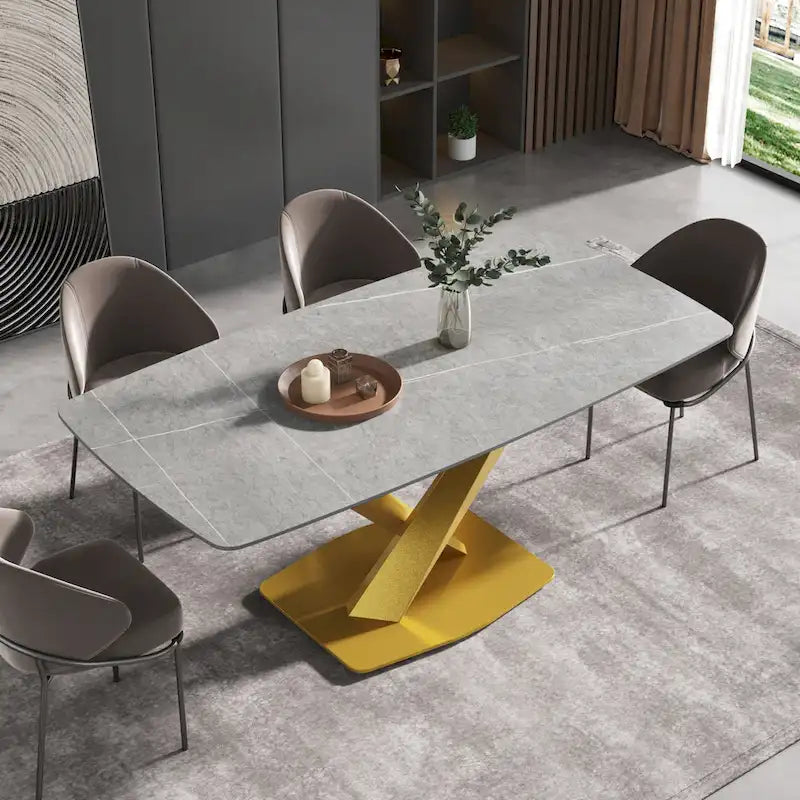 71 Inch Modern Dining Table Sintered Stone Top X-Base Carbon Steel Black Grey White Gold