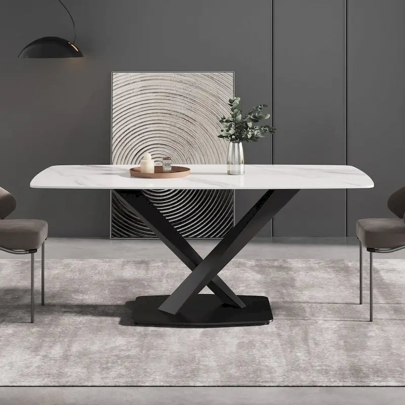 71 Inch Modern Dining Table Sintered Stone Top X-Base Carbon Steel Black Grey White Gold