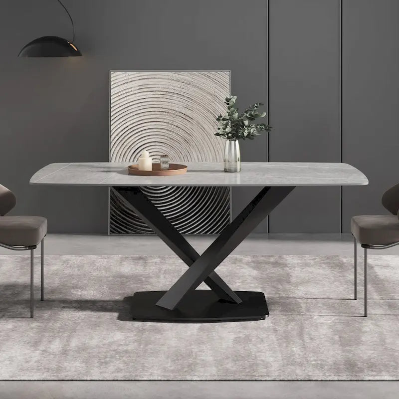 71 Inch Modern Dining Table Sintered Stone Top X-Base Carbon Steel Black Grey White Gold