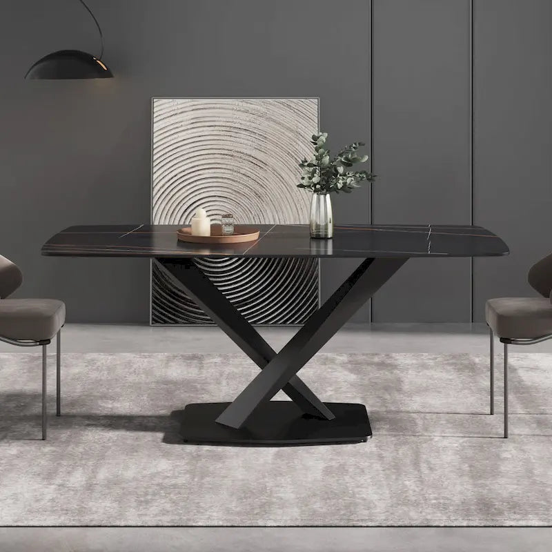 71 Inch Modern Dining Table Sintered Stone Top X-Base Carbon Steel Black Grey White Gold