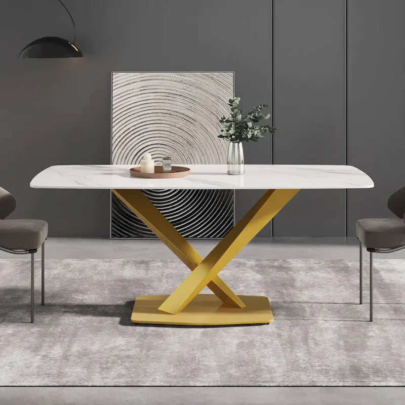 71 Inch Modern Dining Table Sintered Stone Top X-Base Carbon Steel Black Grey White Gold