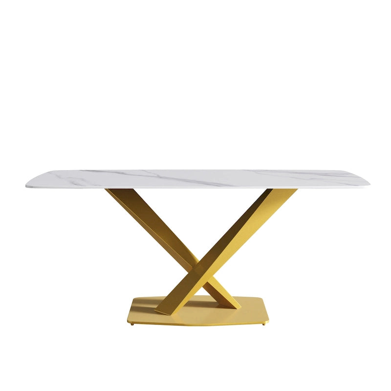 71 Inch Modern Dining Table Sintered Stone Top X-Base Carbon Steel Black Grey White Gold