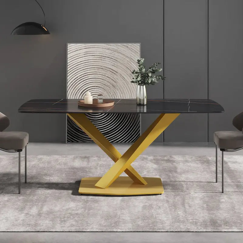 71 Inch Modern Dining Table Sintered Stone Top X-Base Carbon Steel Black Grey White Gold
