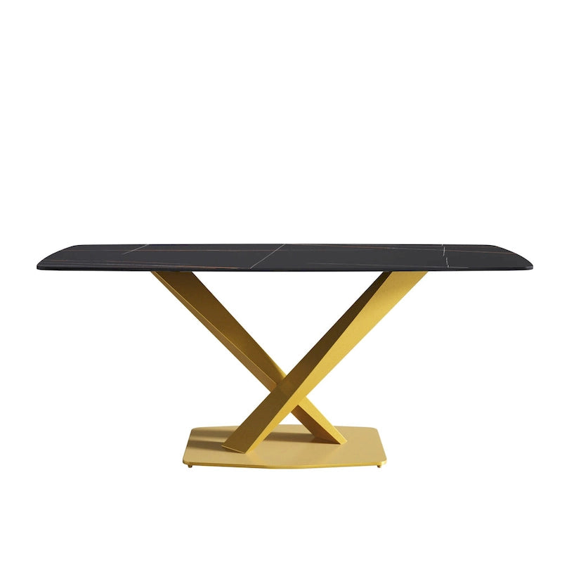 71 Inch Modern Dining Table Sintered Stone Top X-Base Carbon Steel Black Grey White Gold
