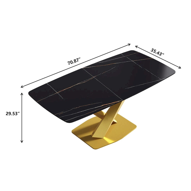 71 Inch Modern Dining Table Sintered Stone Top X-Base Carbon Steel Black Grey White Gold