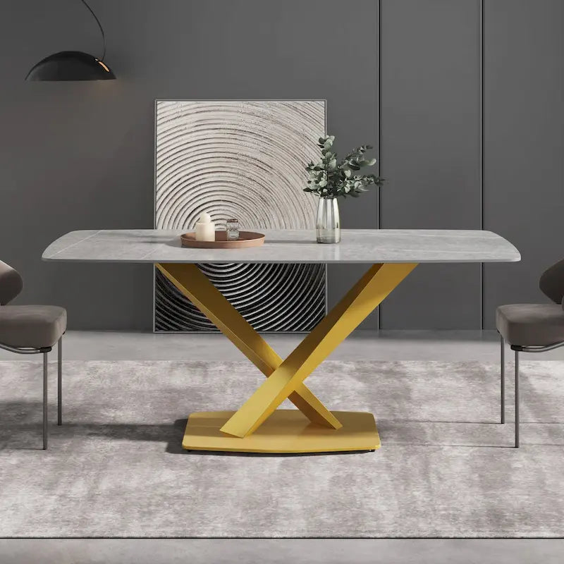 71 Inch Modern Dining Table Sintered Stone Top X-Base Carbon Steel Black Grey White Gold