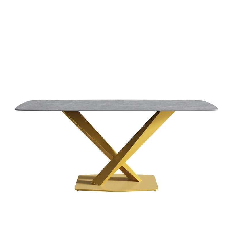 71 Inch Modern Dining Table Sintered Stone Top X-Base Carbon Steel Black Grey White Gold