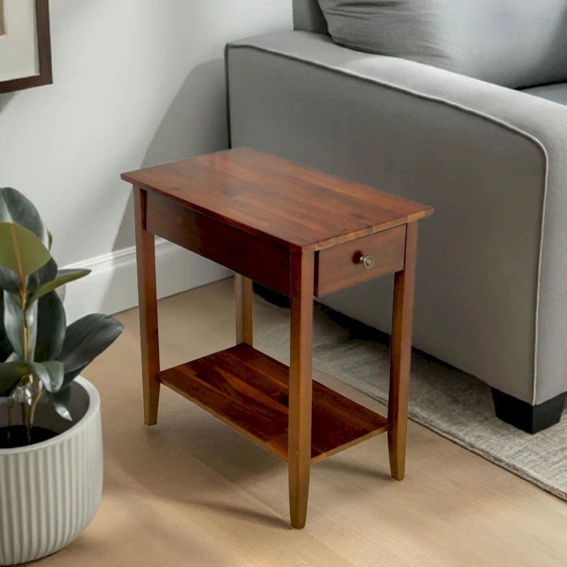Solid Acacia Wood Narrow End Table Drawer Lower Shelf Metal Bracket Mahogany Natural Black