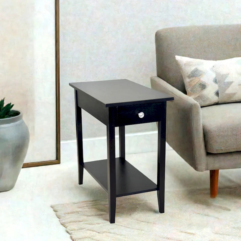 Solid Acacia Wood Narrow End Table Drawer Lower Shelf Metal Bracket Mahogany Natural Black