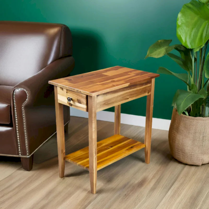 Solid Acacia Wood Narrow End Table Drawer Lower Shelf Metal Bracket Mahogany Natural Black