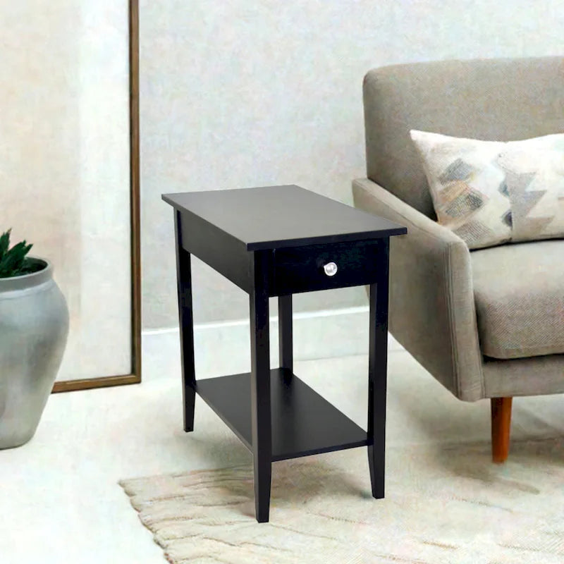 Solid Acacia Wood Narrow End Table Drawer Lower Shelf Metal Bracket Mahogany Natural Black