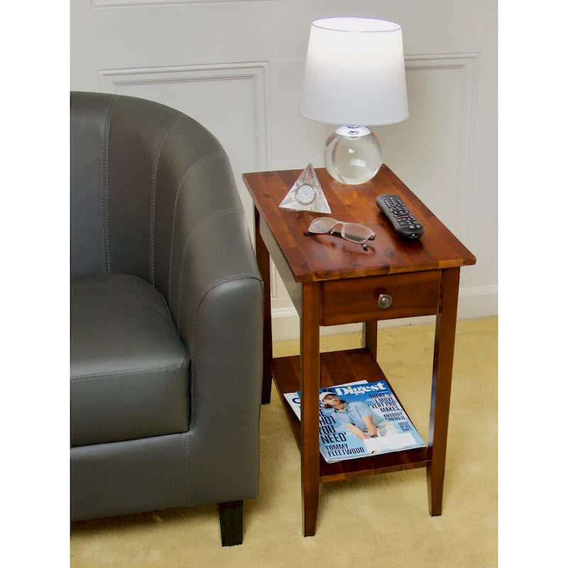 Solid Acacia Wood Narrow End Table Drawer Lower Shelf Metal Bracket Mahogany Natural Black