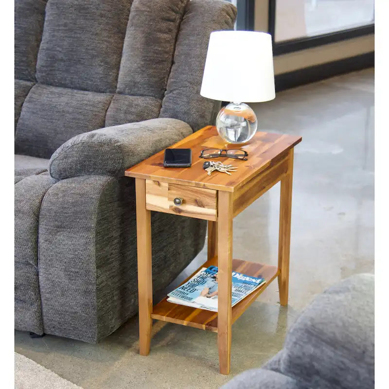 Solid Acacia Wood Narrow End Table Drawer Lower Shelf Metal Bracket Mahogany Natural Black