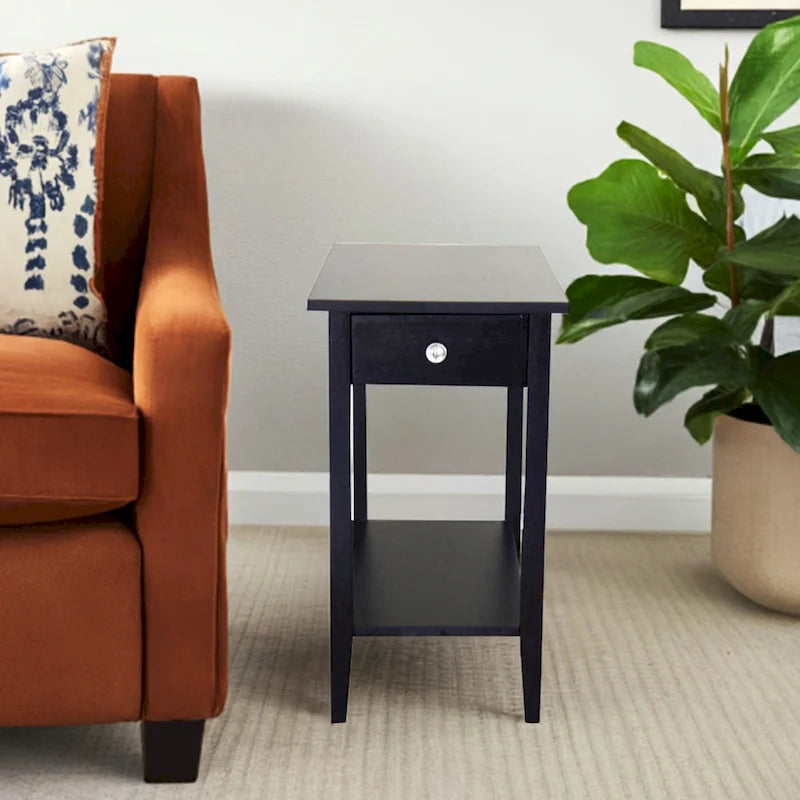 Solid Acacia Wood Narrow End Table Drawer Lower Shelf Metal Bracket Mahogany Natural Black