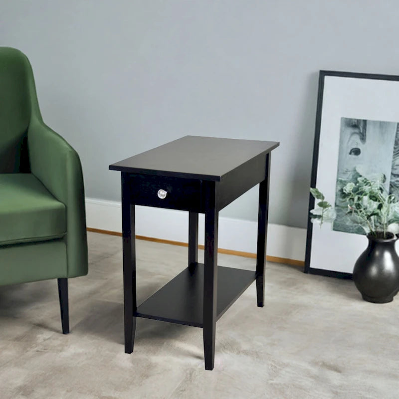 Solid Acacia Wood Narrow End Table Drawer Lower Shelf Metal Bracket Mahogany Natural Black