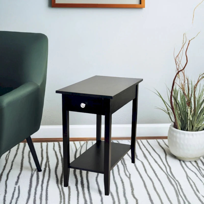 Solid Acacia Wood Narrow End Table Drawer Lower Shelf Metal Bracket Mahogany Natural Black