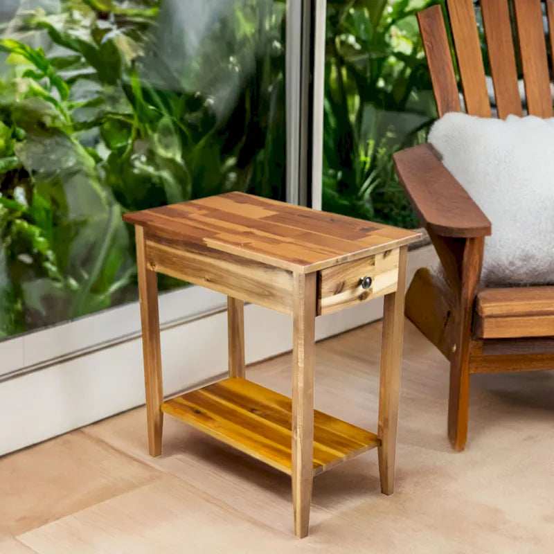Solid Acacia Wood Narrow End Table Drawer Lower Shelf Metal Bracket Mahogany Natural Black