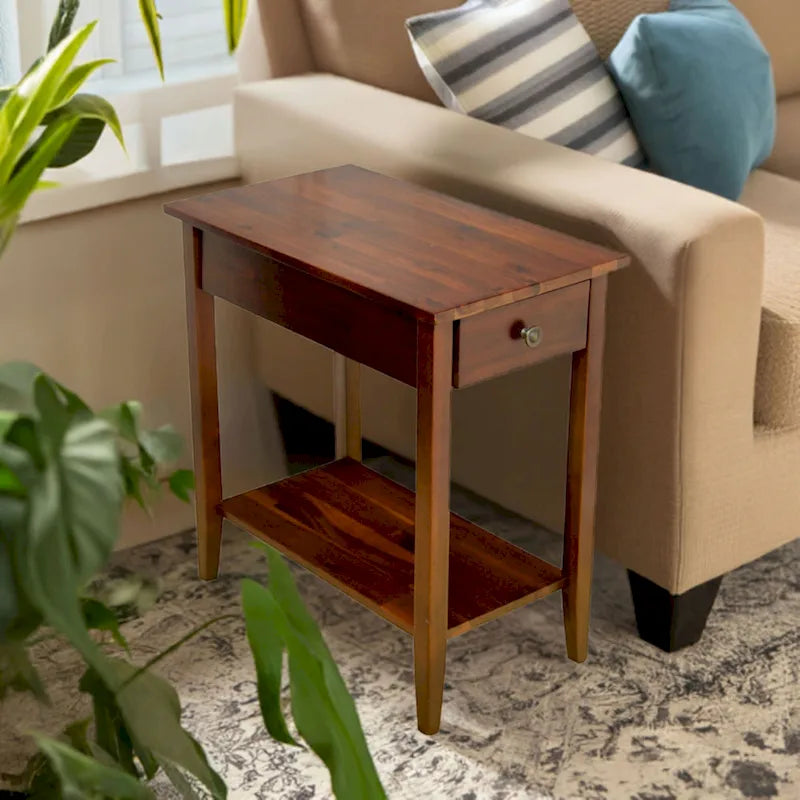 Solid Acacia Wood Narrow End Table Drawer Lower Shelf Metal Bracket Mahogany Natural Black