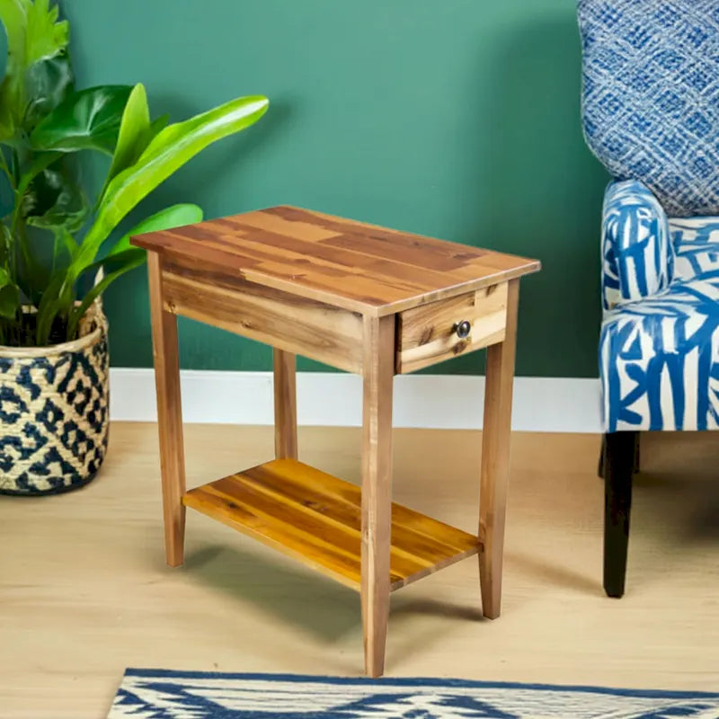 Solid Acacia Wood Narrow End Table Drawer Lower Shelf Metal Bracket Mahogany Natural Black