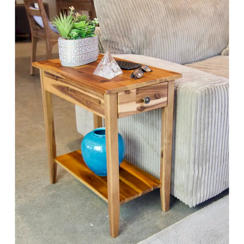 Solid Acacia Wood Narrow End Table Drawer Lower Shelf Metal Bracket Mahogany Natural Black