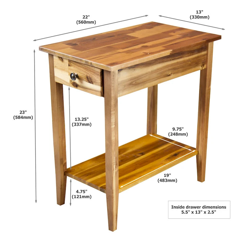 Solid Acacia Wood Narrow End Table Drawer Lower Shelf Metal Bracket Mahogany Natural Black