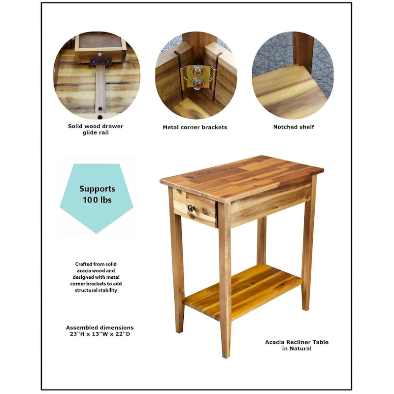 Solid Acacia Wood Narrow End Table Drawer Lower Shelf Metal Bracket Mahogany Natural Black