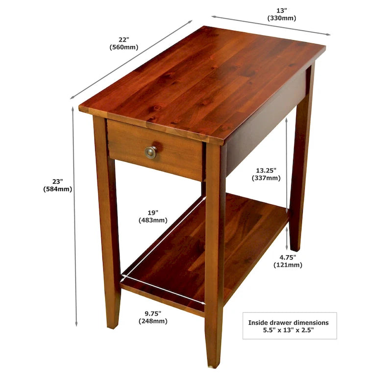 Solid Acacia Wood Narrow End Table Drawer Lower Shelf Metal Bracket Mahogany Natural Black