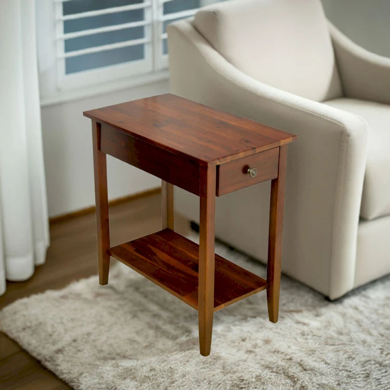 Solid Acacia Wood Narrow End Table Drawer Lower Shelf Metal Bracket Mahogany Natural Black