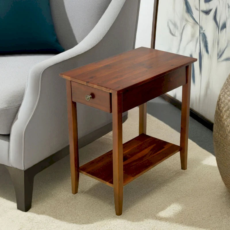 Solid Acacia Wood Narrow End Table Drawer Lower Shelf Metal Bracket Mahogany Natural Black