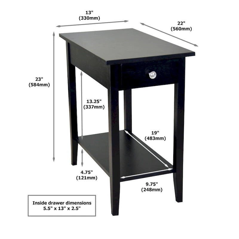 Solid Acacia Wood Narrow End Table Drawer Lower Shelf Metal Bracket Mahogany Natural Black