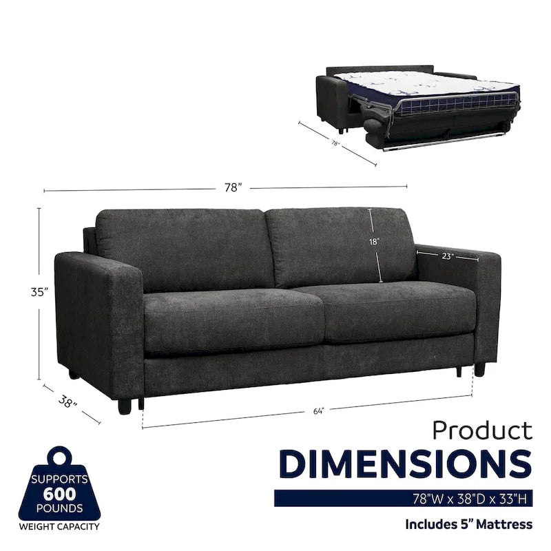 Pull-Out Sleeper Sofa Memory Foam Mattress Full Size Polyester Anthracite Silver