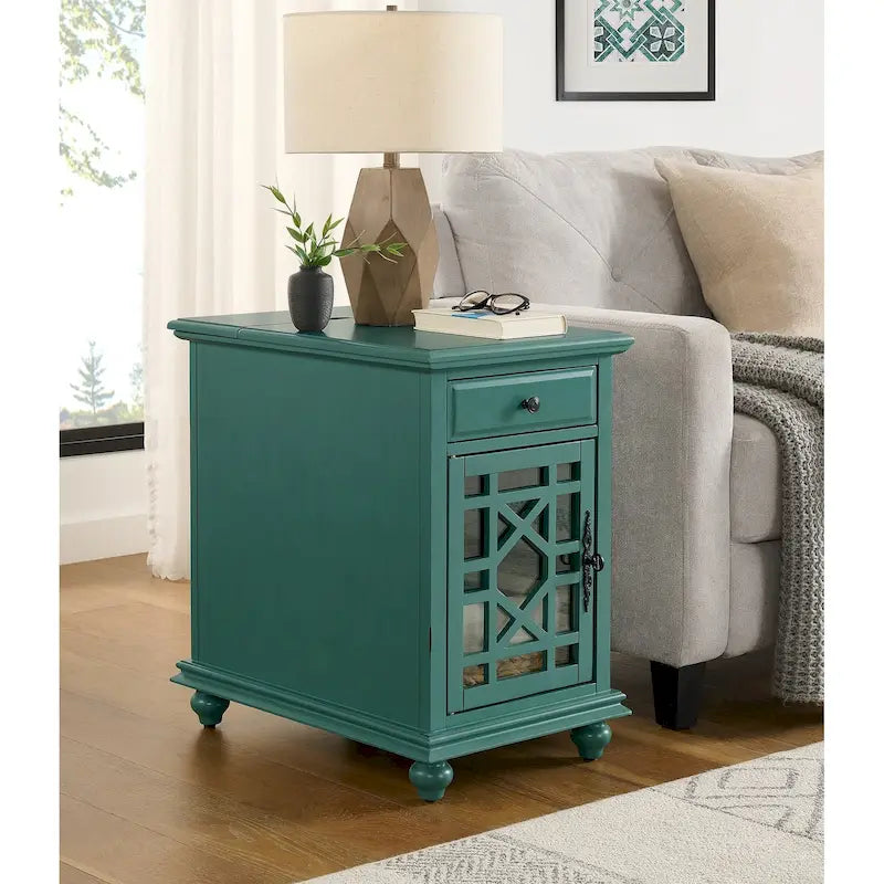 Table d’appoint turquoise de style parisien avec prises électriques, tiroir et compartiment de rangement