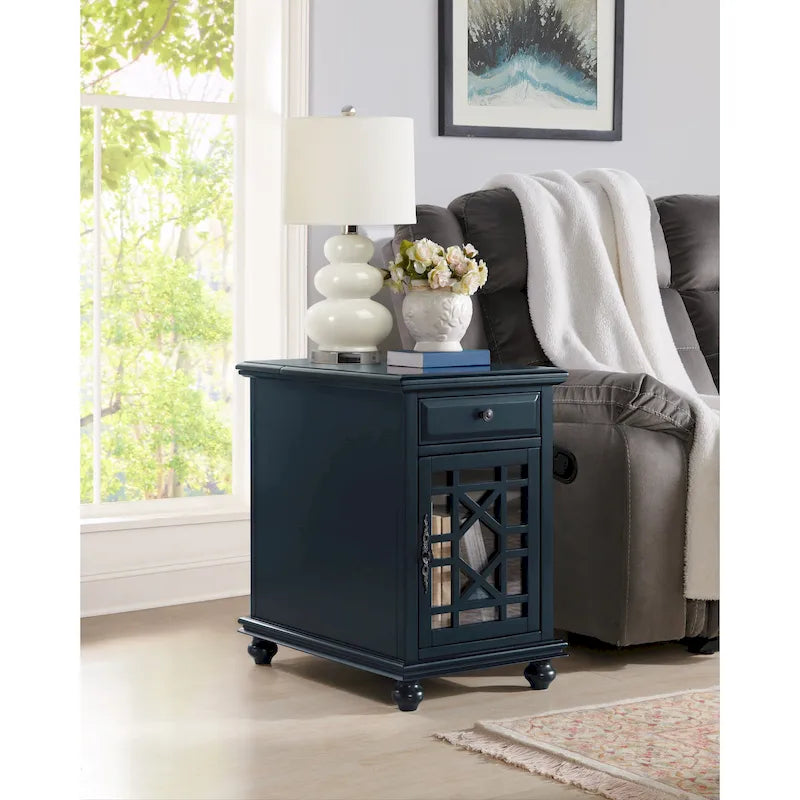 Parisian-Style Teal Chairside End Table with Power Outlets Storage Drawer Cabinet