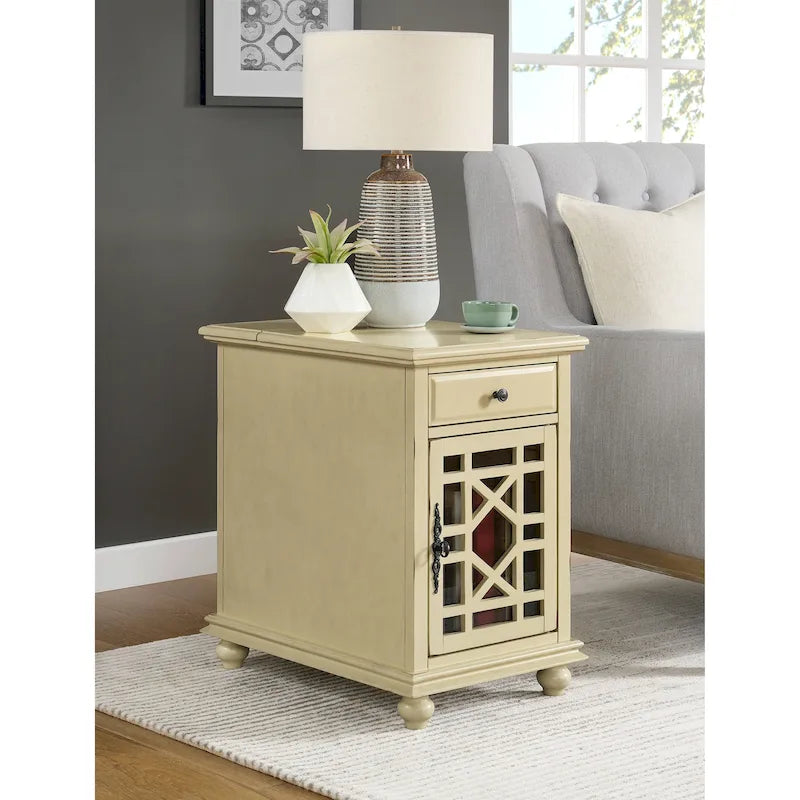 Parisian-Style Teal Chairside End Table with Power Outlets Storage Drawer Cabinet