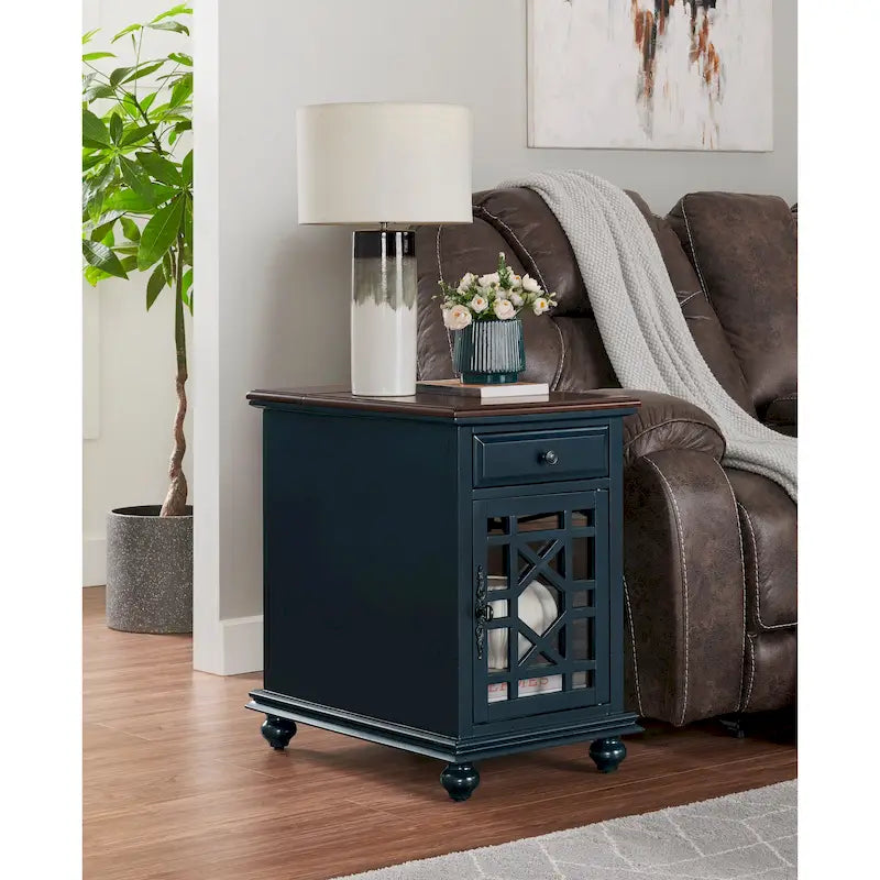 Parisian-Style Teal Chairside End Table with Power Outlets Storage Drawer Cabinet