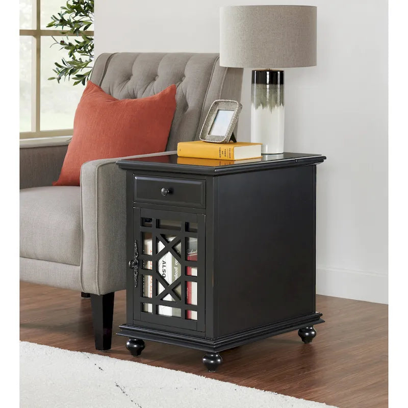 Parisian-Style Teal Chairside End Table with Power Outlets Storage Drawer Cabinet