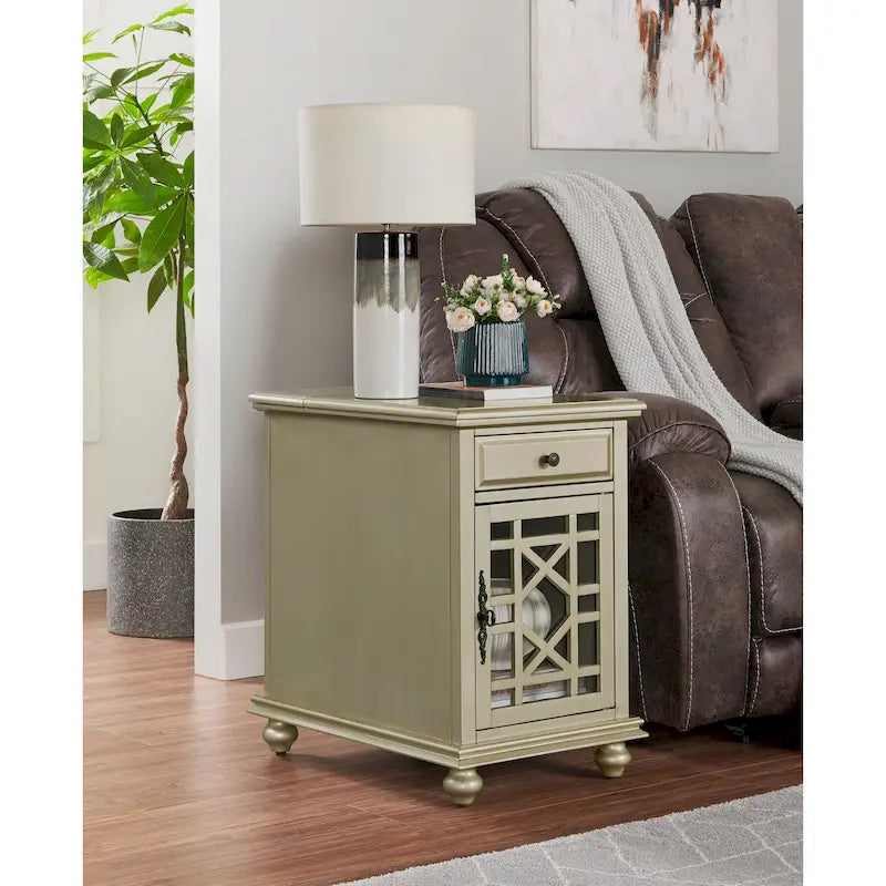 Parisian-Style Teal Chairside End Table with Power Outlets Storage Drawer Cabinet