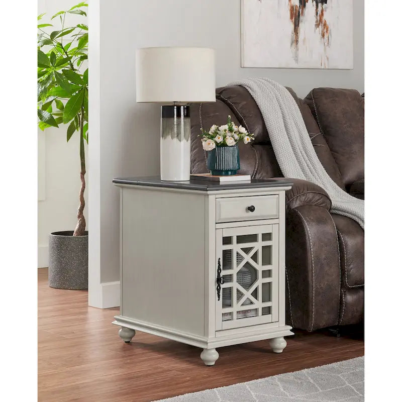 Parisian-Style Teal Chairside End Table with Power Outlets Storage Drawer Cabinet