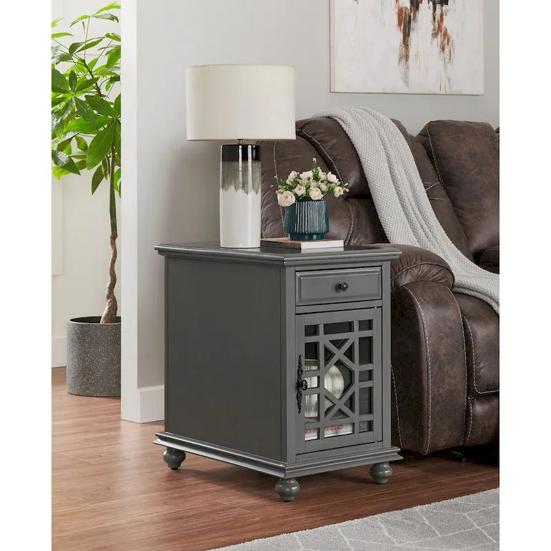 Table d’appoint turquoise de style parisien avec prises électriques, tiroir et compartiment de rangement