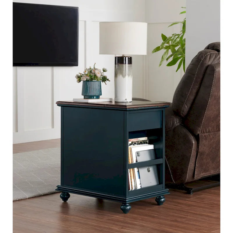 Table d’appoint turquoise de style parisien avec prises électriques, tiroir et compartiment de rangement