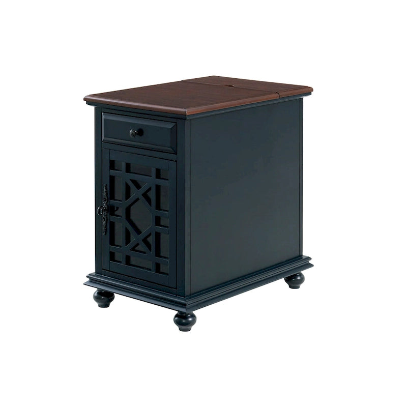 Table d’appoint turquoise de style parisien avec prises électriques, tiroir et compartiment de rangement