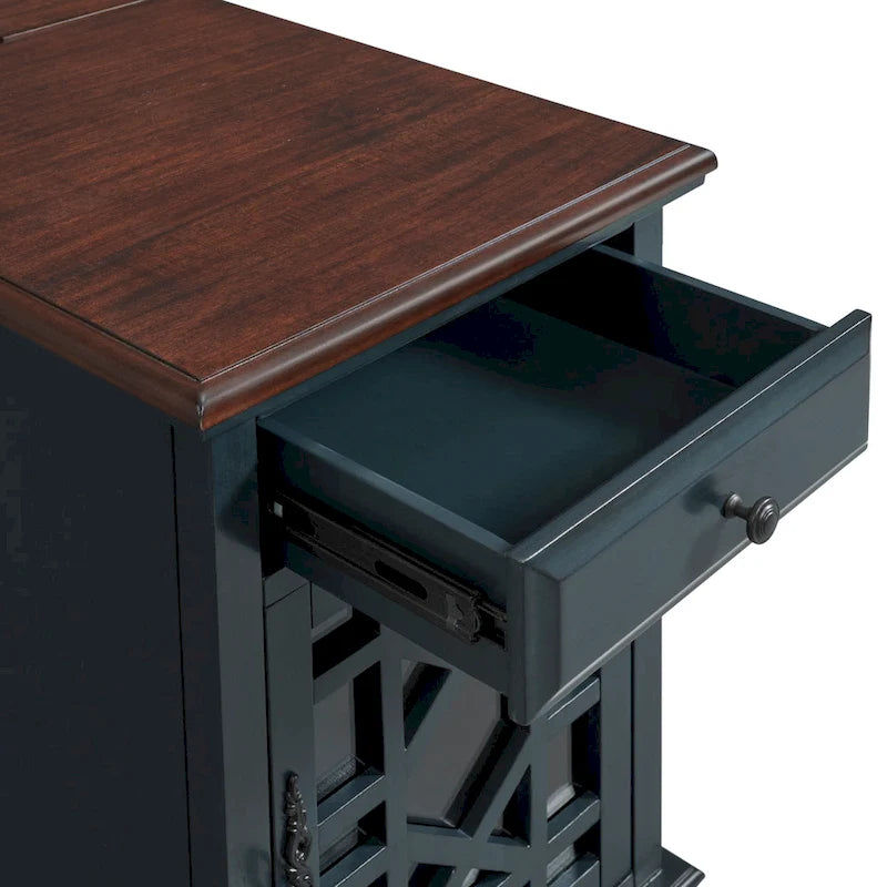 Table d’appoint turquoise de style parisien avec prises électriques, tiroir et compartiment de rangement