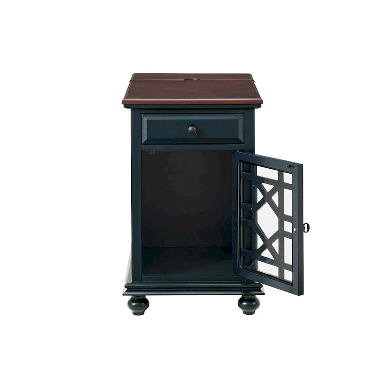 Table d’appoint turquoise de style parisien avec prises électriques, tiroir et compartiment de rangement