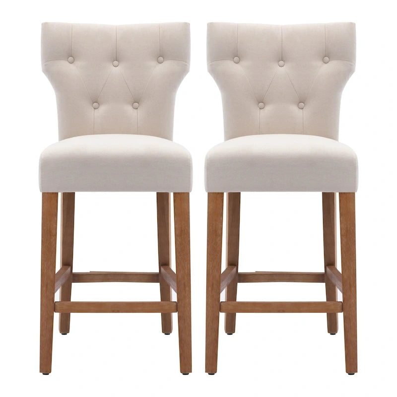 Button Tufted Wingback Counter Height Bar Stool Set of 2 Farmhouse Grey Beige